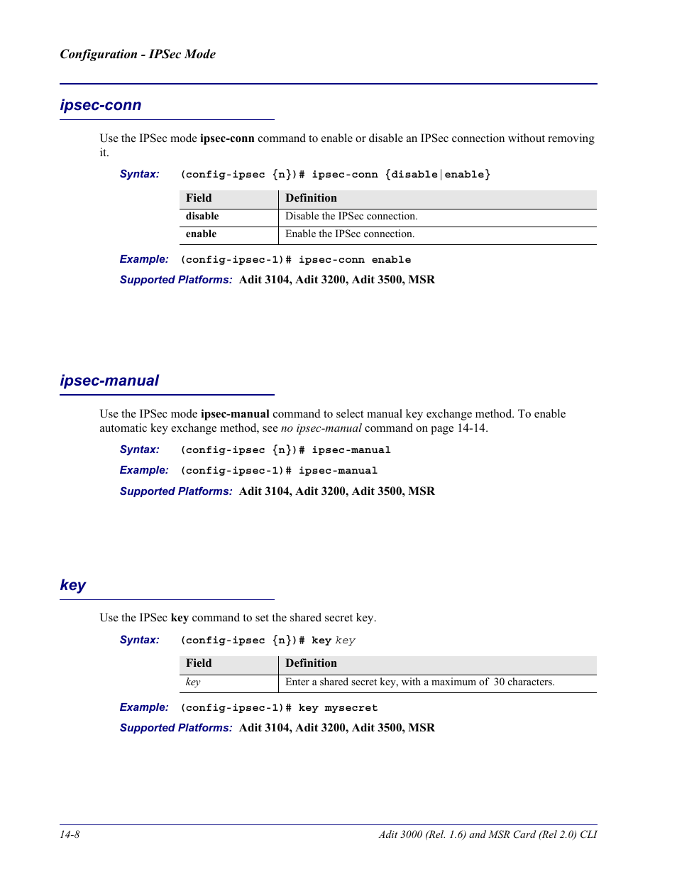 Ipsec-conn, Ipsec-manual, Ipsec-conn -8 ipsec-manual -8 key -8 | Carrier Access Adit 3000 Series and Multi-Service Router (MSR) Card none User Manual | Page 328 / 496