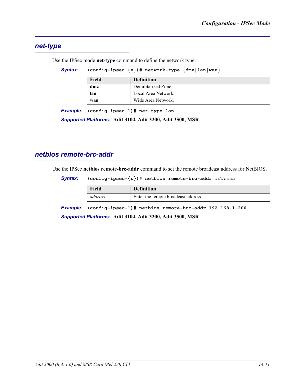 Net-type, Netbios remote-brc-addr, Net-type -11 netbios remote-brc-addr -11 | Carrier Access Adit 3000 Series and Multi-Service Router (MSR) Card none User Manual | Page 331 / 496