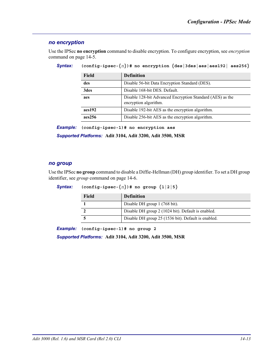 No encryption, No group | Carrier Access Adit 3000 Series and Multi-Service Router (MSR) Card none User Manual | Page 333 / 496