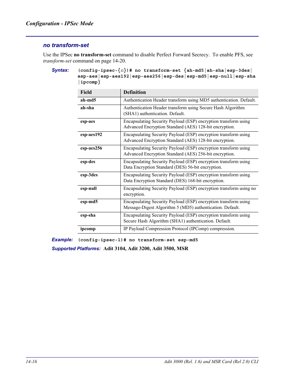 No transform-set | Carrier Access Adit 3000 Series and Multi-Service Router (MSR) Card none User Manual | Page 336 / 496