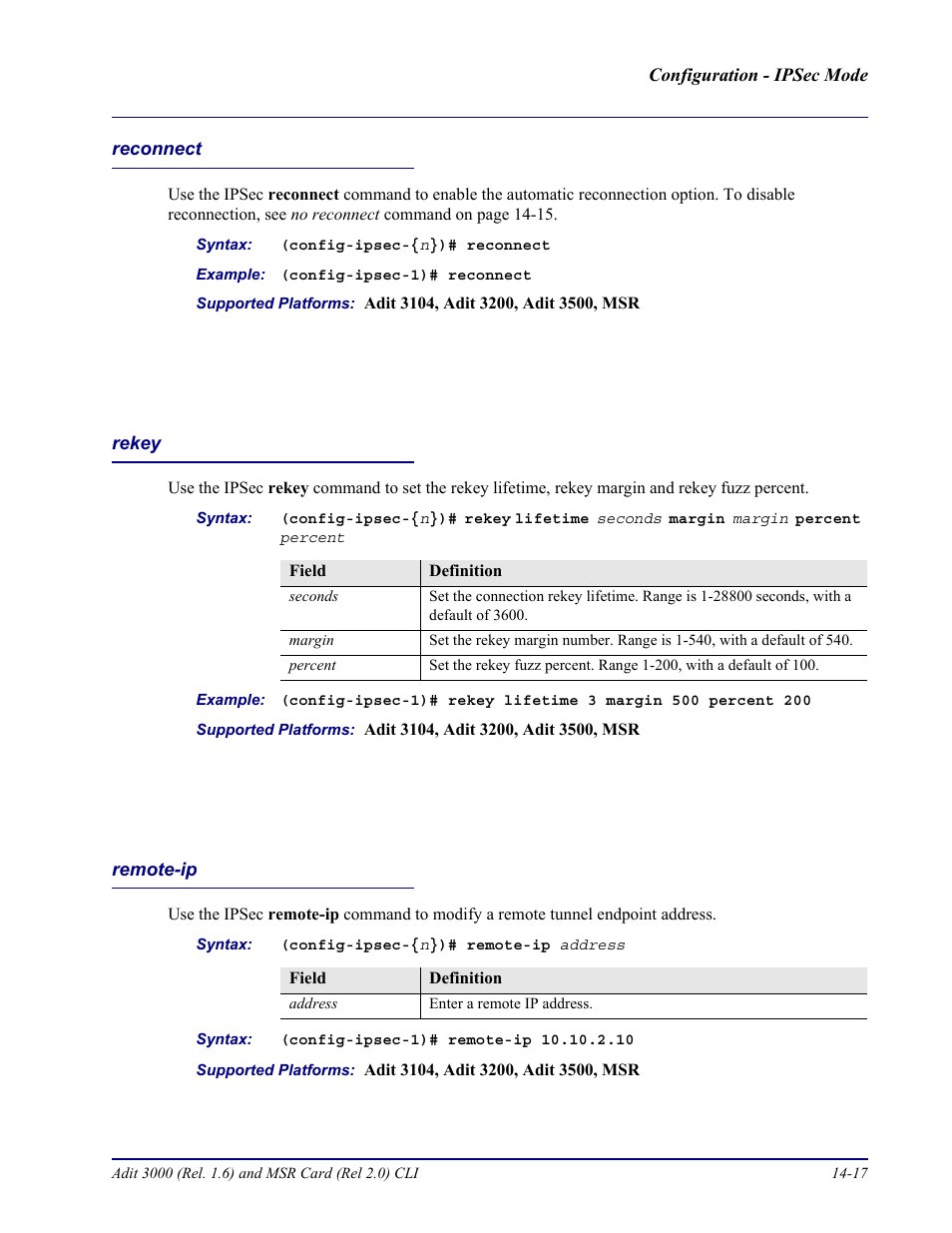 Reconnect, Rekey, Remote-ip | Reconnect -17 rekey -17 remote-ip -17 | Carrier Access Adit 3000 Series and Multi-Service Router (MSR) Card none User Manual | Page 337 / 496