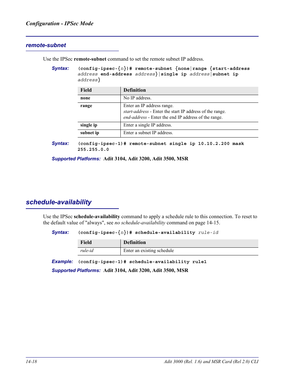 Remote-subnet, Schedule-availability, Remote-subnet -18 schedule-availability -18 | Carrier Access Adit 3000 Series and Multi-Service Router (MSR) Card none User Manual | Page 338 / 496