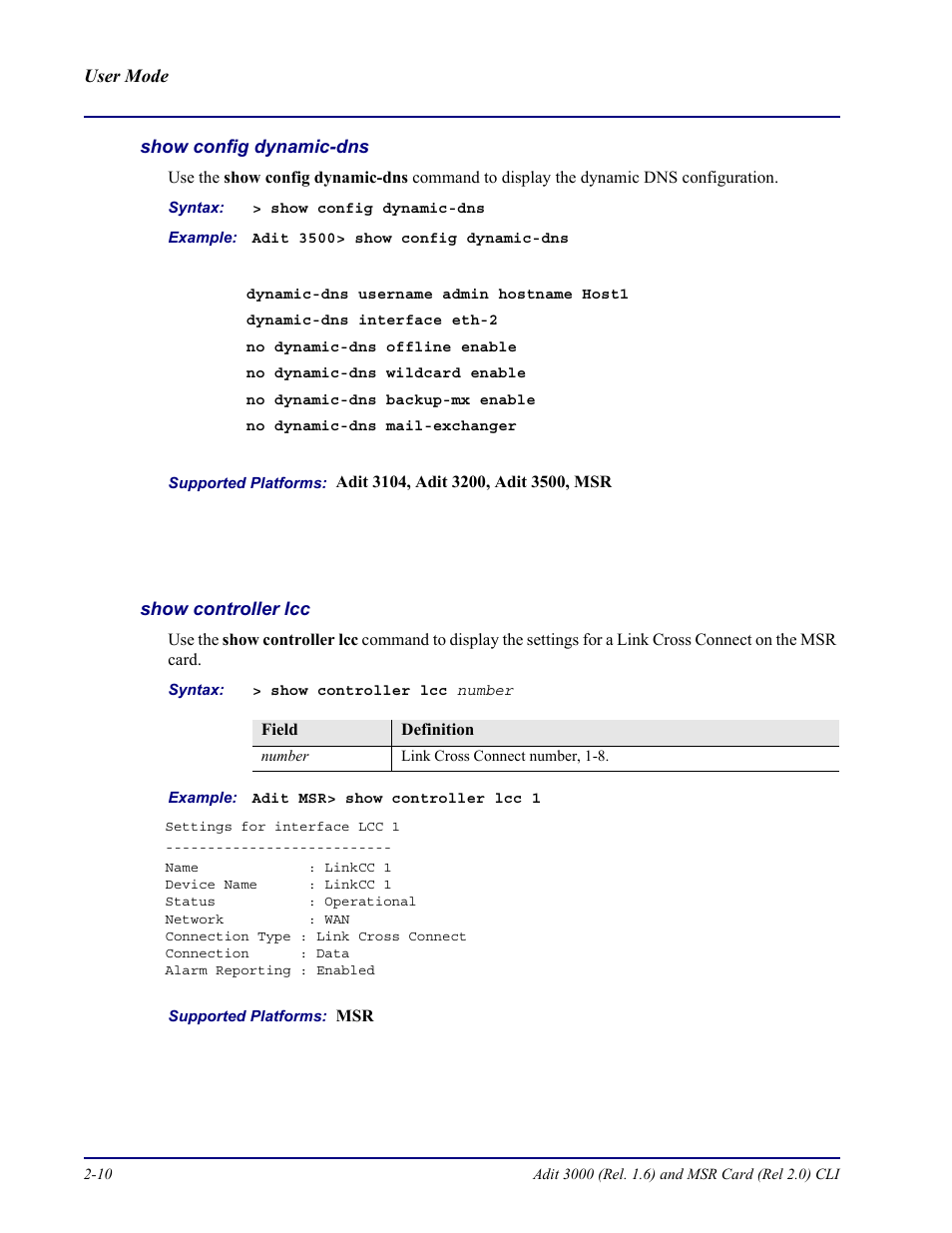 Show config dynamic-dns, Show controller lcc | Carrier Access Adit 3000 Series and Multi-Service Router (MSR) Card none User Manual | Page 34 / 496