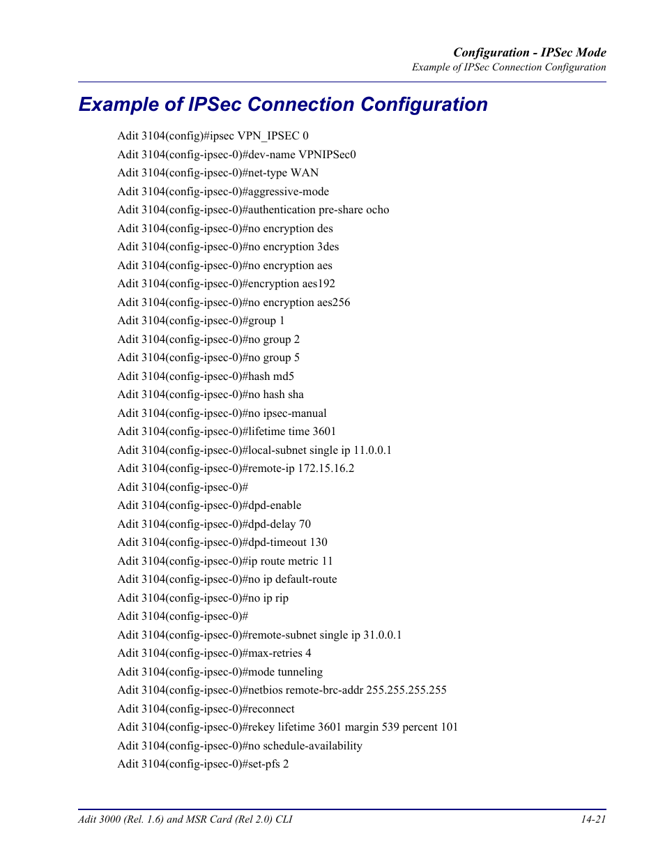 Example of ipsec connection configuration, Example of ipsec connection configuration -21 | Carrier Access Adit 3000 Series and Multi-Service Router (MSR) Card none User Manual | Page 341 / 496