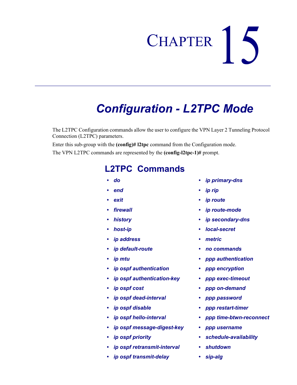 15–configuration - l2tpc mode, Configuration - l2tpc mode, Hapter | L2tpc commands | Carrier Access Adit 3000 Series and Multi-Service Router (MSR) Card none User Manual | Page 343 / 496
