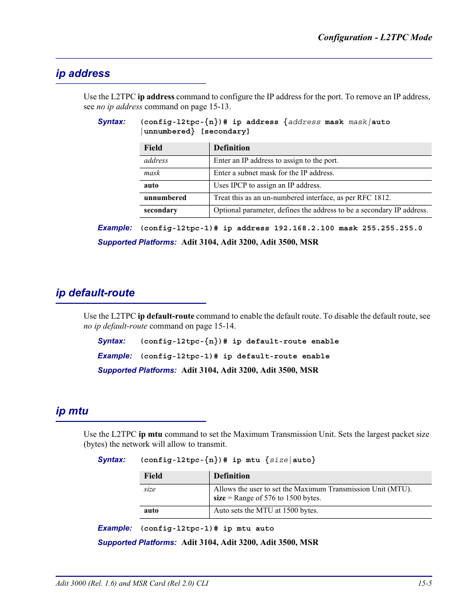 Ip address, Ip default-route, Ip mtu | Ip address -5 ip default-route -5 ip mtu -5 | Carrier Access Adit 3000 Series and Multi-Service Router (MSR) Card none User Manual | Page 347 / 496