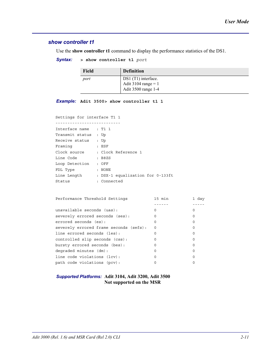 Show controller t1 | Carrier Access Adit 3000 Series and Multi-Service Router (MSR) Card none User Manual | Page 35 / 496