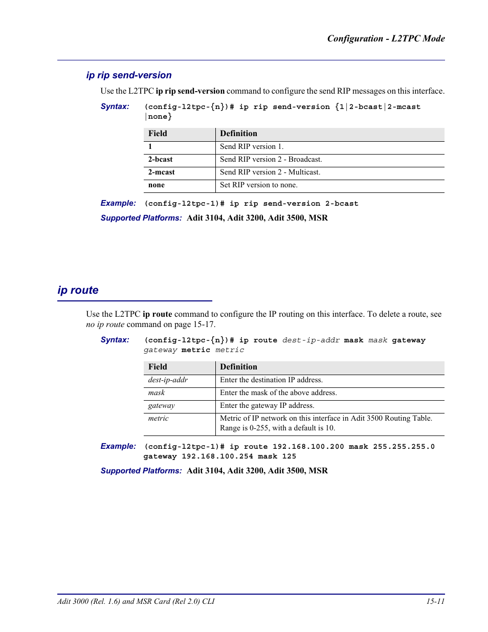 Ip rip send-version, Ip route, Ip route -11 | Carrier Access Adit 3000 Series and Multi-Service Router (MSR) Card none User Manual | Page 353 / 496