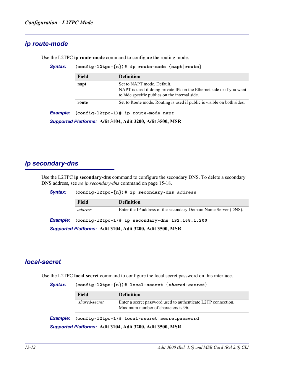 Ip route-mode, Ip secondary-dns, Local-secret | Carrier Access Adit 3000 Series and Multi-Service Router (MSR) Card none User Manual | Page 354 / 496