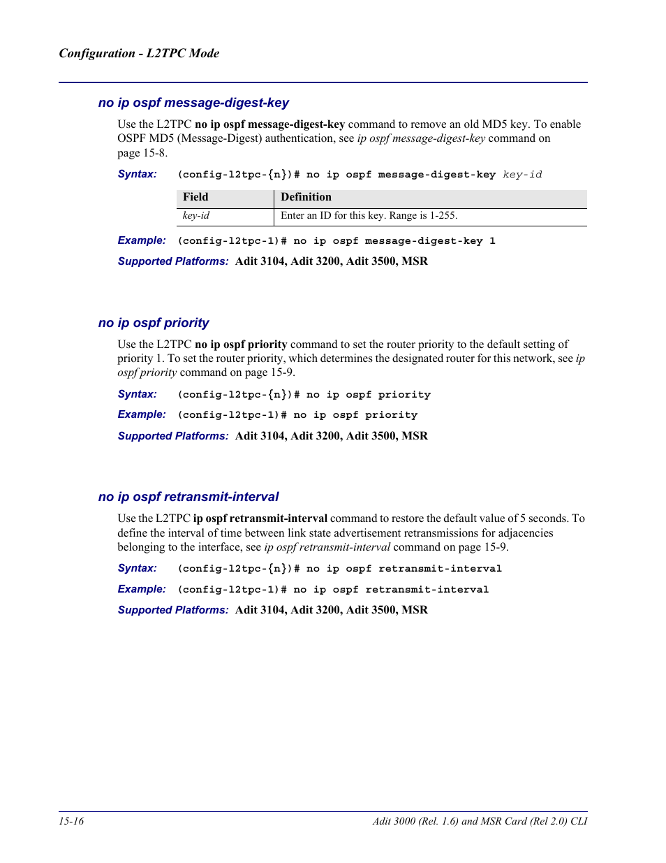 No ip ospf message-digest-key, No ip ospf priority, No ip ospf retransmit-interval | Carrier Access Adit 3000 Series and Multi-Service Router (MSR) Card none User Manual | Page 358 / 496