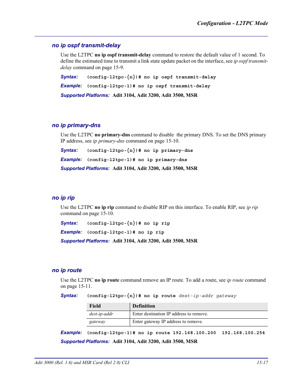 No ip ospf transmit-delay, No ip primary-dns, No ip rip | No ip route | Carrier Access Adit 3000 Series and Multi-Service Router (MSR) Card none User Manual | Page 359 / 496