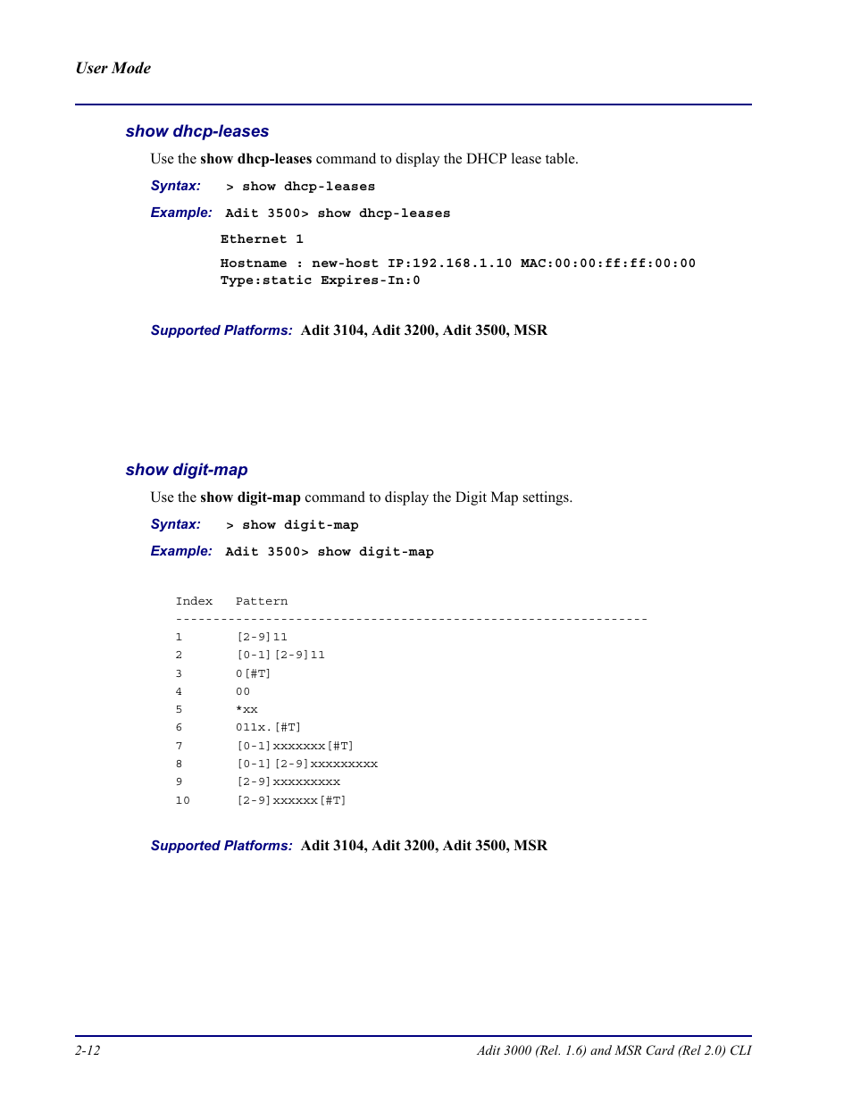 Show dhcp-leases, Show digit-map | Carrier Access Adit 3000 Series and Multi-Service Router (MSR) Card none User Manual | Page 36 / 496