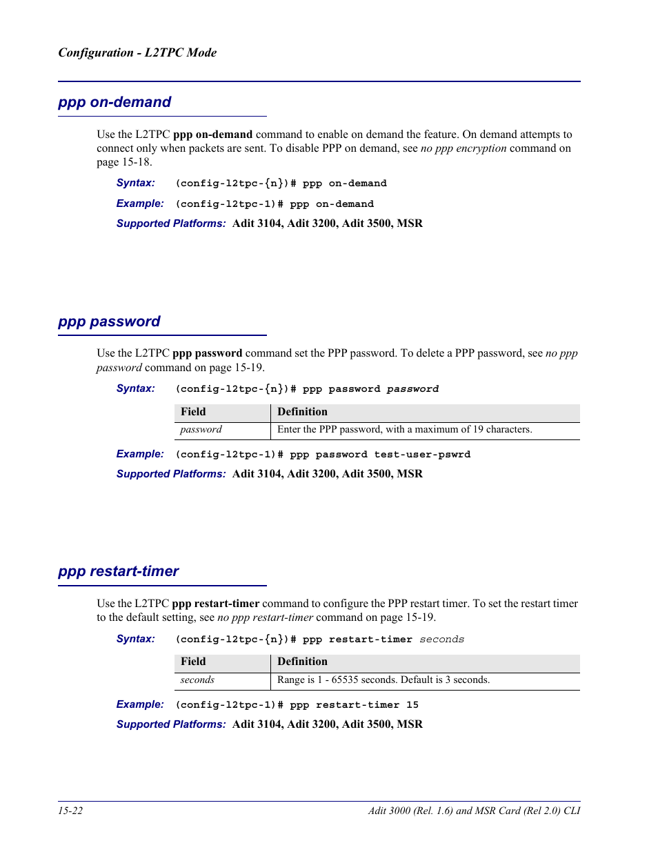 Ppp on-demand, Ppp password, Ppp restart-timer | Carrier Access Adit 3000 Series and Multi-Service Router (MSR) Card none User Manual | Page 364 / 496
