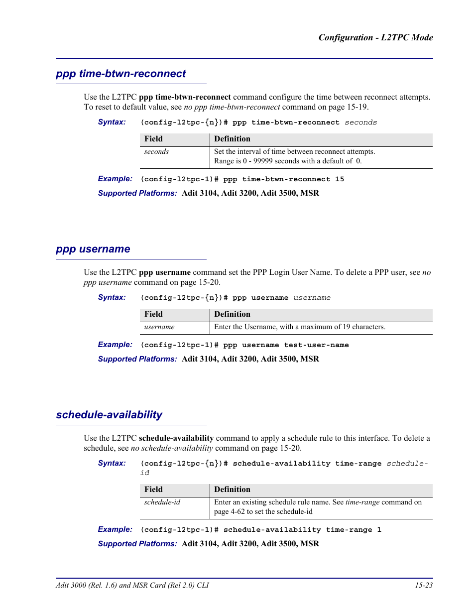 Ppp time-btwn-reconnect, Ppp username, Schedule-availability | See ppp | Carrier Access Adit 3000 Series and Multi-Service Router (MSR) Card none User Manual | Page 365 / 496