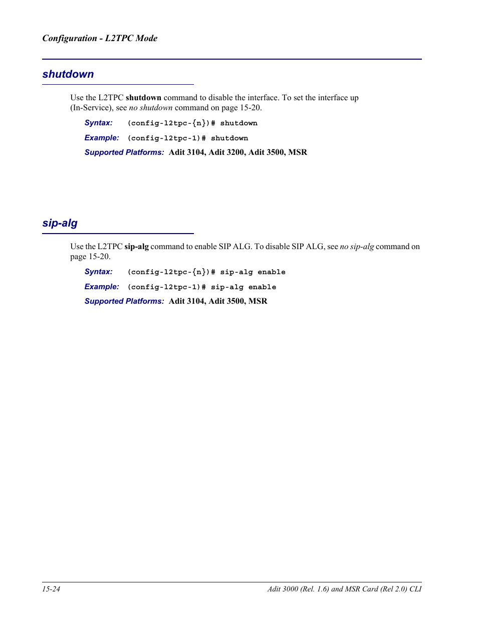 Shutdown, Sip-alg, Shutdown -24 sip-alg -24 | Carrier Access Adit 3000 Series and Multi-Service Router (MSR) Card none User Manual | Page 366 / 496