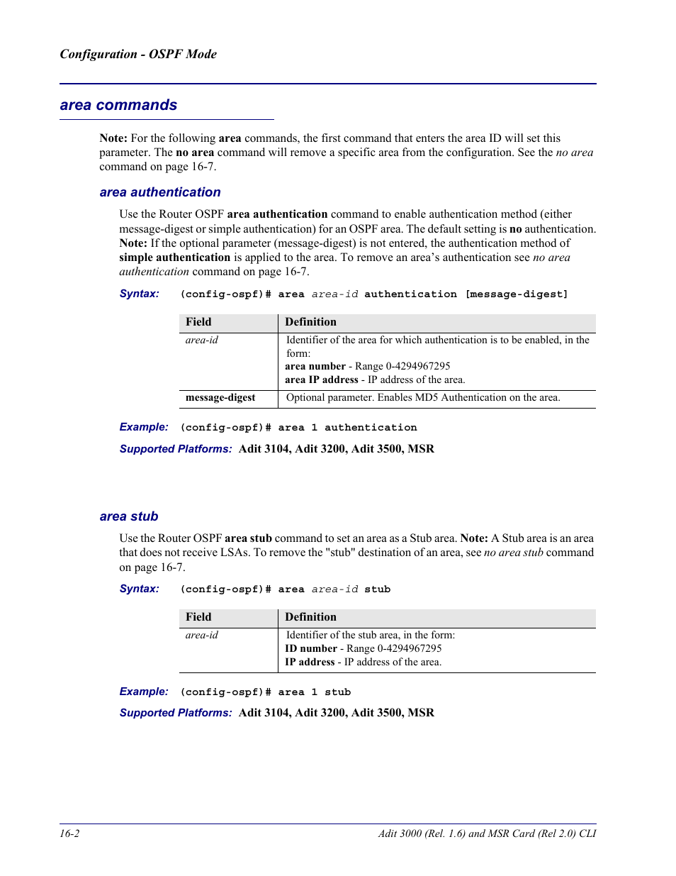 Area commands, Area authentication, Area stub | Area commands -2 | Carrier Access Adit 3000 Series and Multi-Service Router (MSR) Card none User Manual | Page 368 / 496