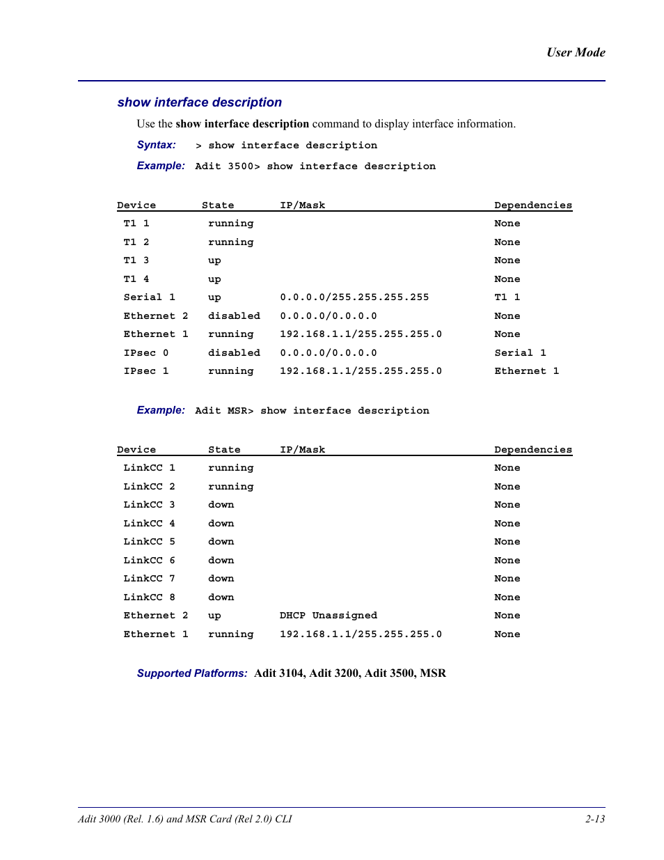 Show interface description | Carrier Access Adit 3000 Series and Multi-Service Router (MSR) Card none User Manual | Page 37 / 496