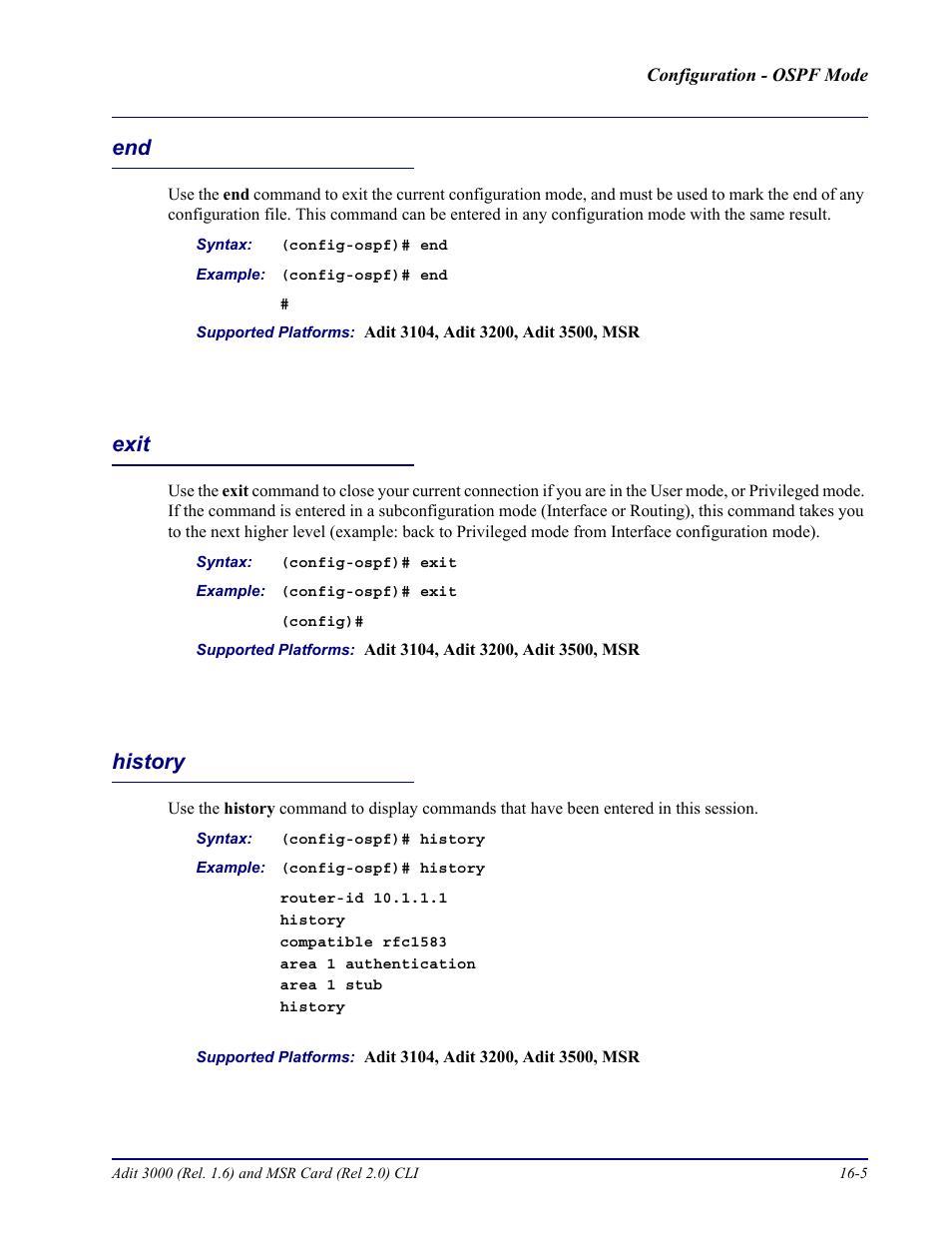 Exit, History, End -5 exit -5 history -5 | Carrier Access Adit 3000 Series and Multi-Service Router (MSR) Card none User Manual | Page 371 / 496