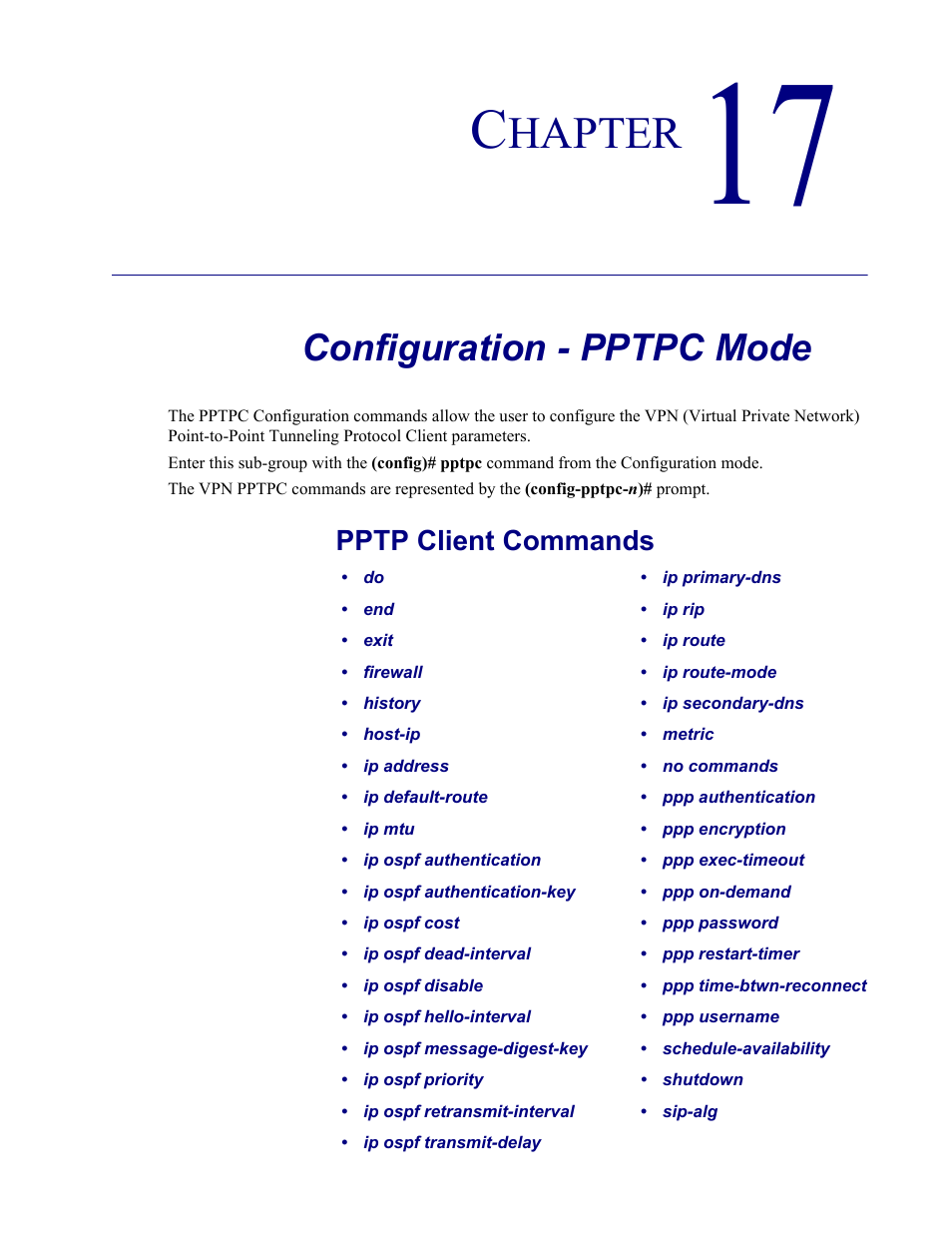 17–configuration - pptpc mode, Configuration - pptpc mode, Chapter 17, configuration - pptpc mode | Hapter, Pptp client commands | Carrier Access Adit 3000 Series and Multi-Service Router (MSR) Card none User Manual | Page 379 / 496
