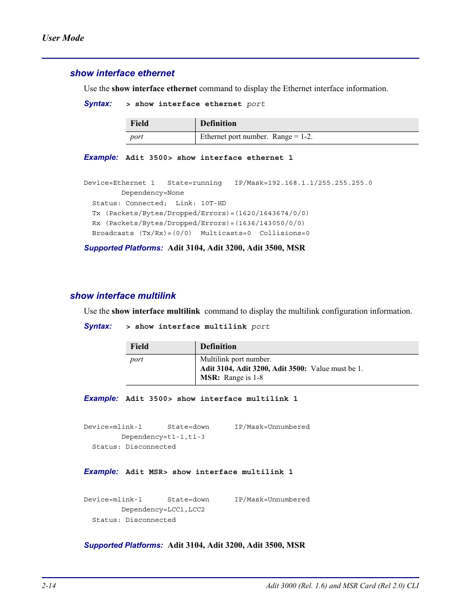 Show interface ethernet, Show interface multilink | Carrier Access Adit 3000 Series and Multi-Service Router (MSR) Card none User Manual | Page 38 / 496