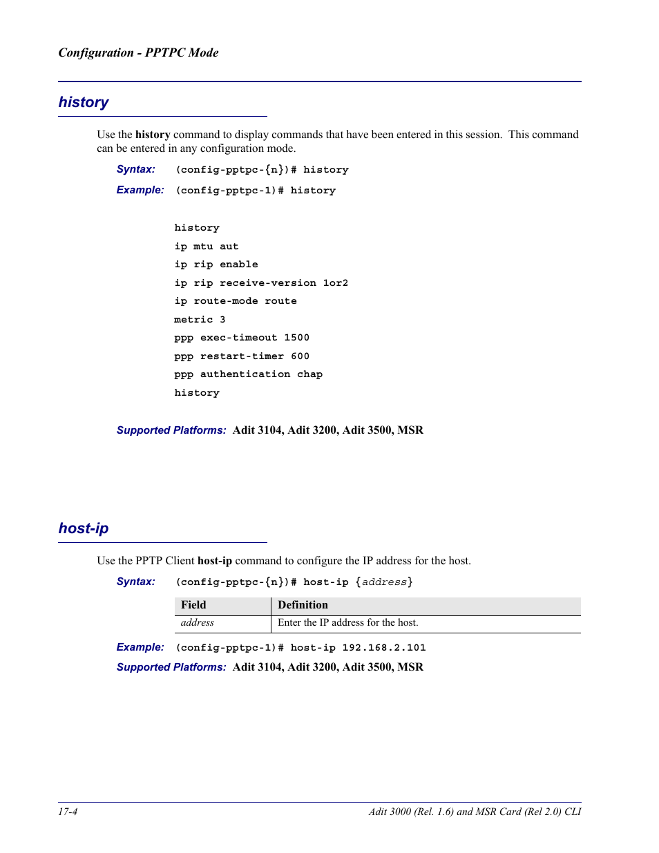 History, Host-ip, History -4 host-ip -4 | Carrier Access Adit 3000 Series and Multi-Service Router (MSR) Card none User Manual | Page 382 / 496