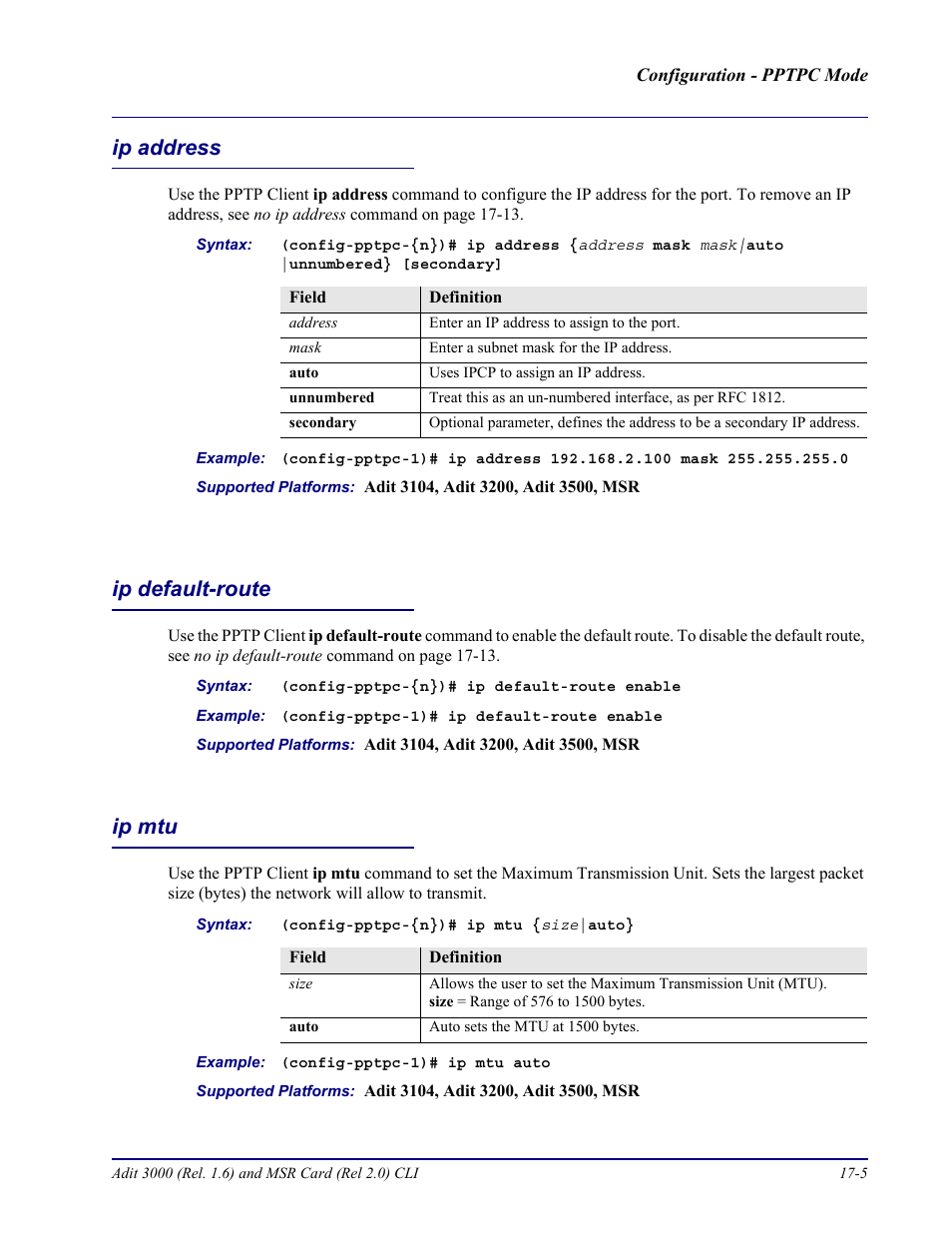 Ip address, Ip default-route, Ip mtu | Ip address -5 ip default-route -5 ip mtu -5 | Carrier Access Adit 3000 Series and Multi-Service Router (MSR) Card none User Manual | Page 383 / 496
