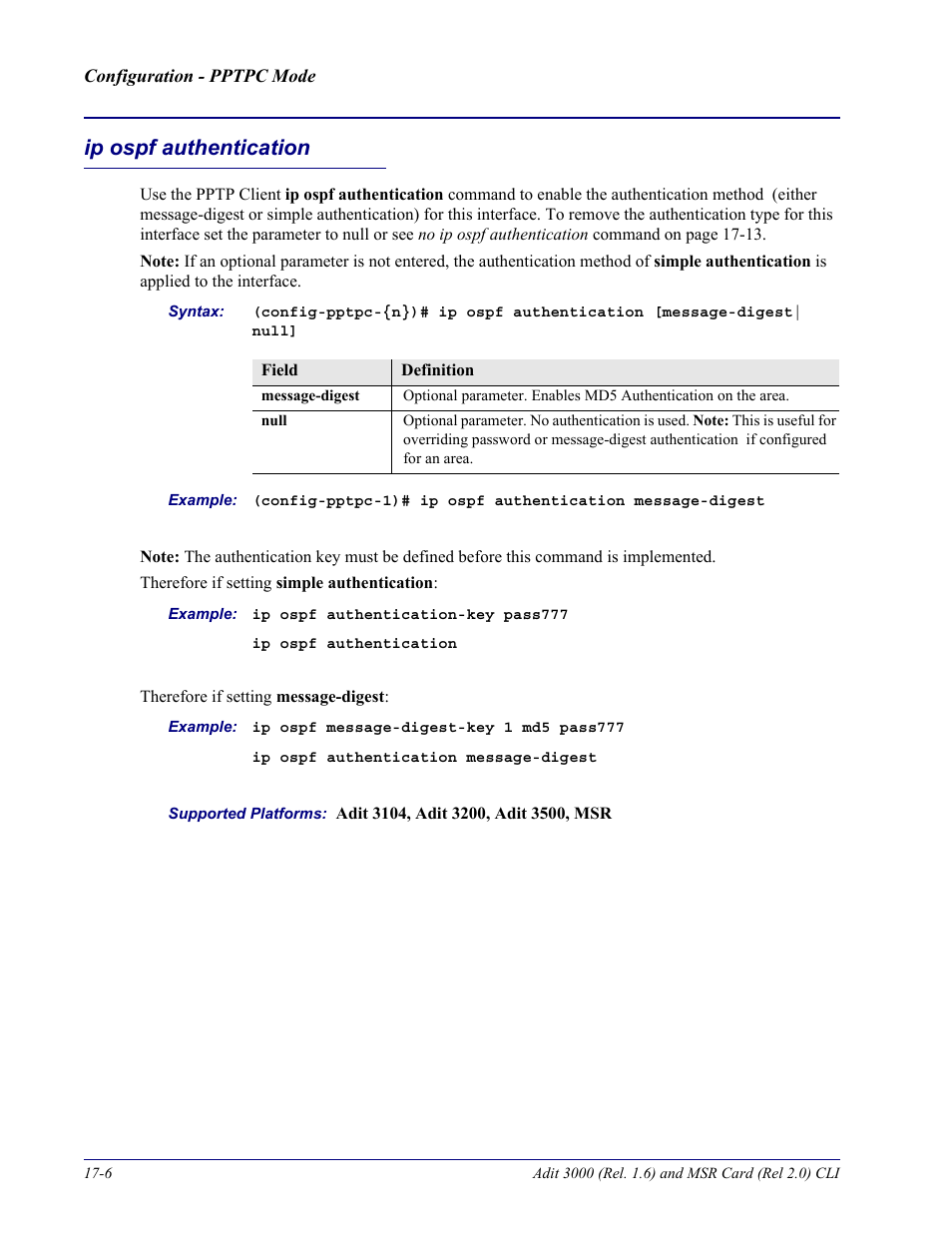 Ip ospf authentication, Ip ospf authentication -6 | Carrier Access Adit 3000 Series and Multi-Service Router (MSR) Card none User Manual | Page 384 / 496