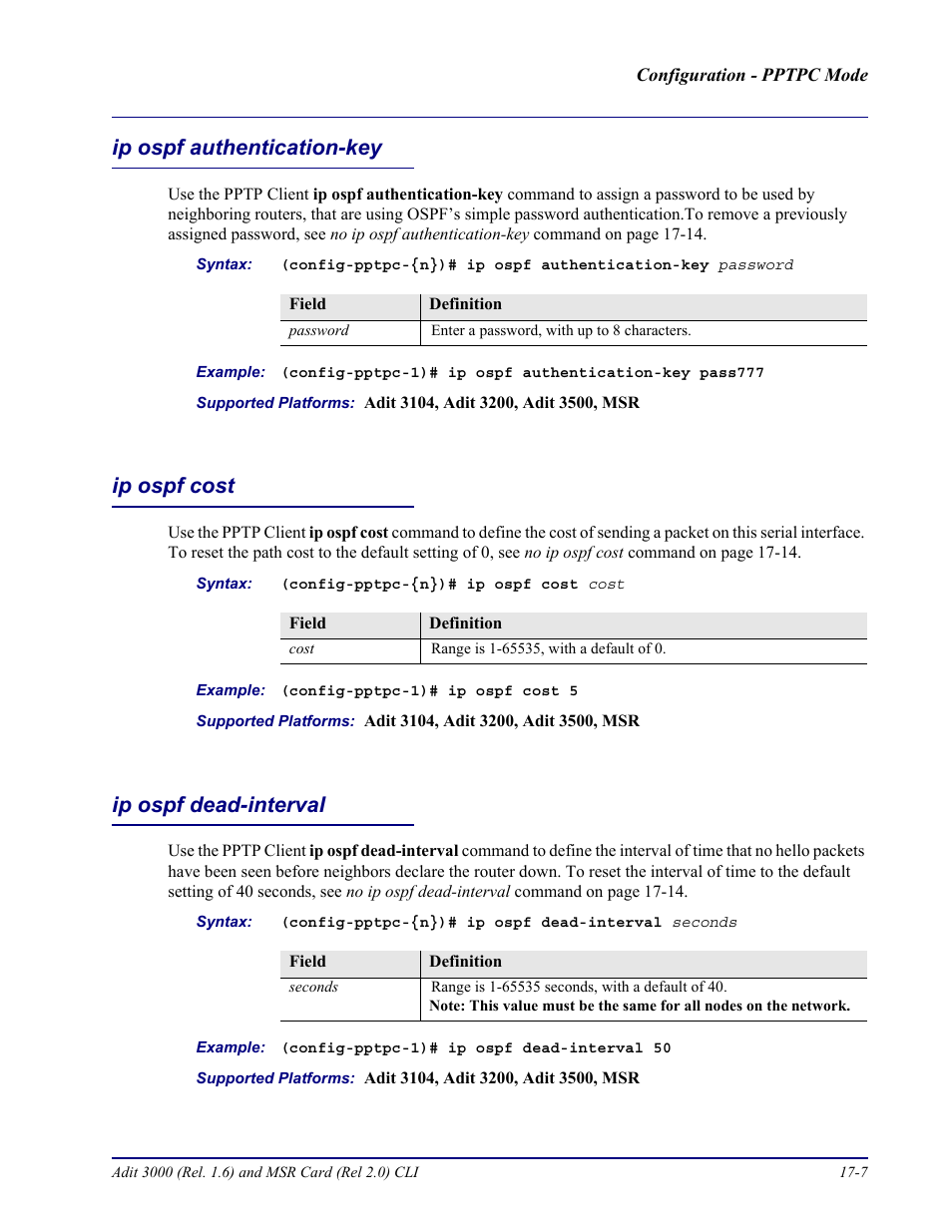 Ip ospf authentication-key, Ip ospf cost, Ip ospf dead-interval | Carrier Access Adit 3000 Series and Multi-Service Router (MSR) Card none User Manual | Page 385 / 496