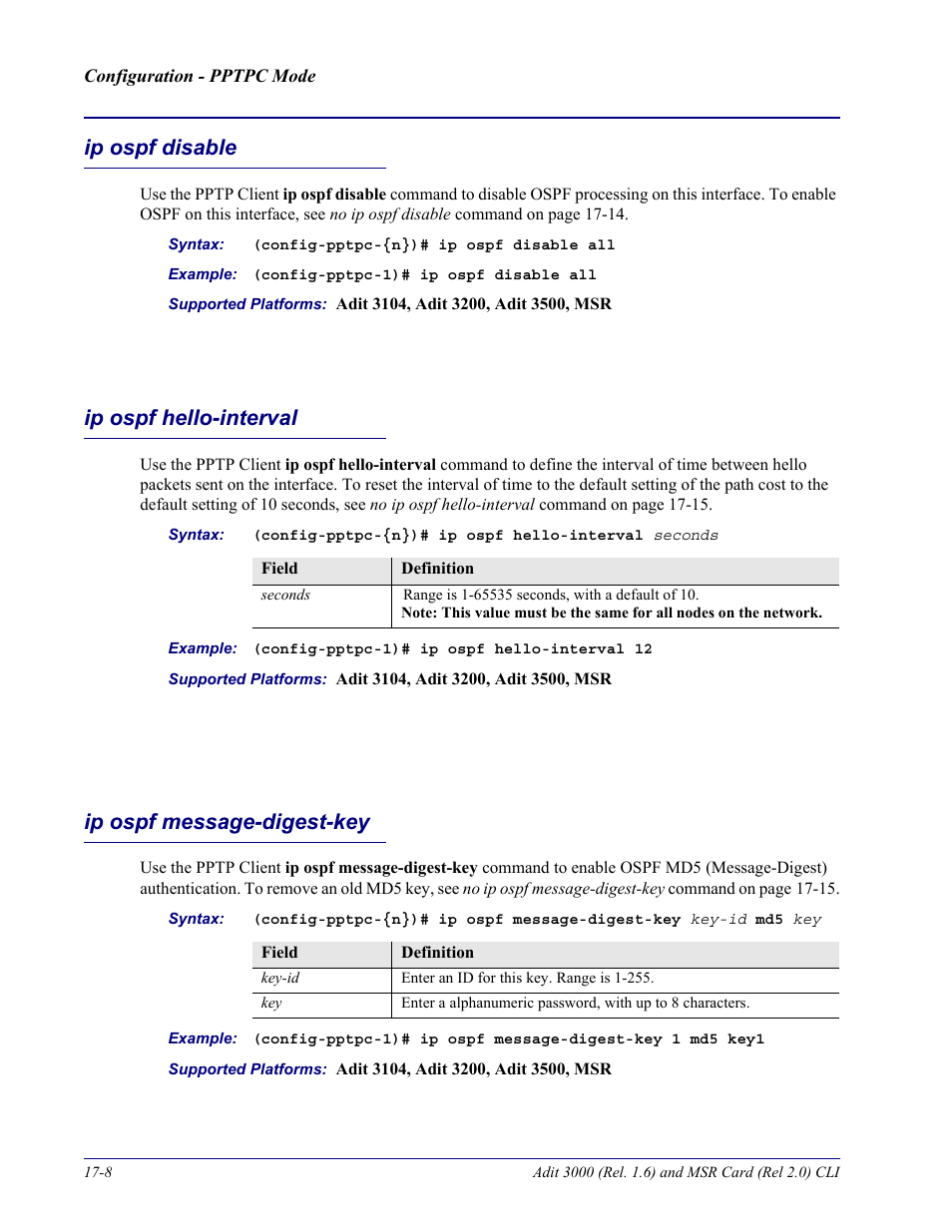 Ip ospf disable, Ip ospf hello-interval, Ip ospf message-digest-key | Carrier Access Adit 3000 Series and Multi-Service Router (MSR) Card none User Manual | Page 386 / 496