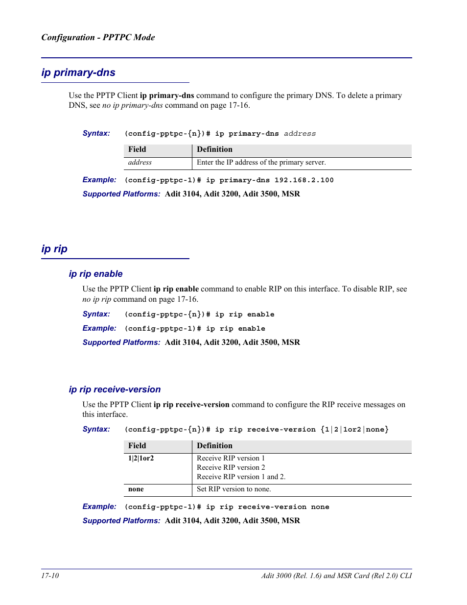 Ip primary-dns, Ip rip, Ip rip enable | Ip rip receive-version, Ip primary-dns -10 ip rip -10 | Carrier Access Adit 3000 Series and Multi-Service Router (MSR) Card none User Manual | Page 388 / 496