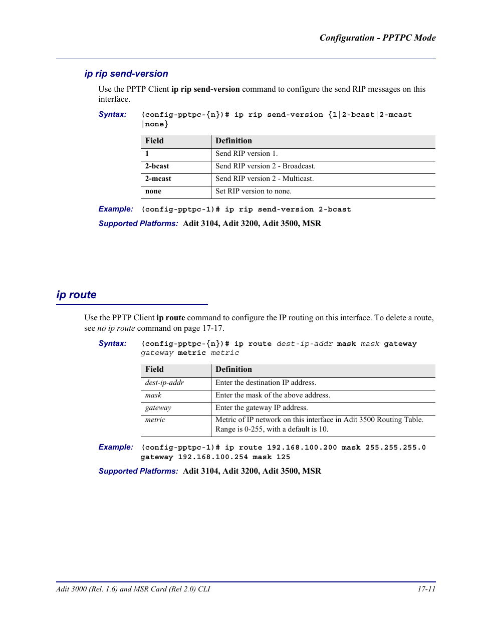 Ip rip send-version, Ip route, Ip route -11 | Carrier Access Adit 3000 Series and Multi-Service Router (MSR) Card none User Manual | Page 389 / 496
