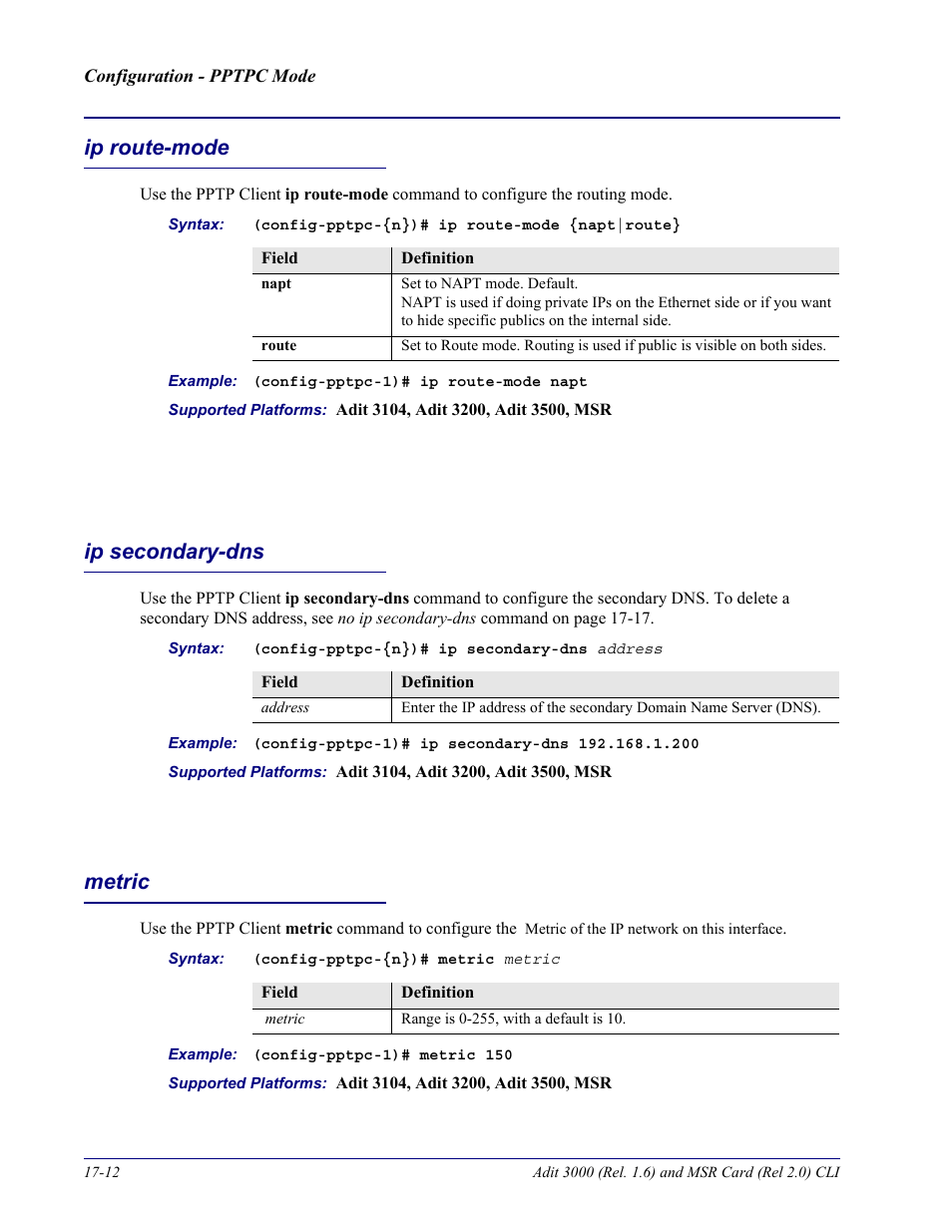 Ip route-mode, Ip secondary-dns, Metric | Ip route-mode -12 ip secondary-dns -12 metric -12 | Carrier Access Adit 3000 Series and Multi-Service Router (MSR) Card none User Manual | Page 390 / 496