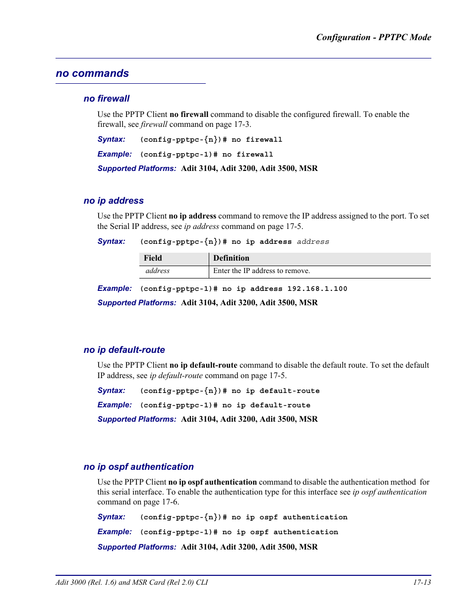 No commands, No firewall, No ip address | No ip default-route, No ip ospf authentication, No commands -13 | Carrier Access Adit 3000 Series and Multi-Service Router (MSR) Card none User Manual | Page 391 / 496