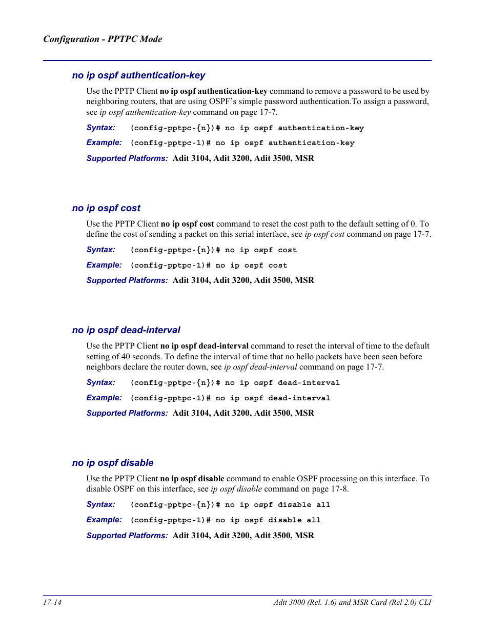 No ip ospf authentication-key, No ip ospf cost, No ip ospf dead-interval | No ip ospf disable | Carrier Access Adit 3000 Series and Multi-Service Router (MSR) Card none User Manual | Page 392 / 496