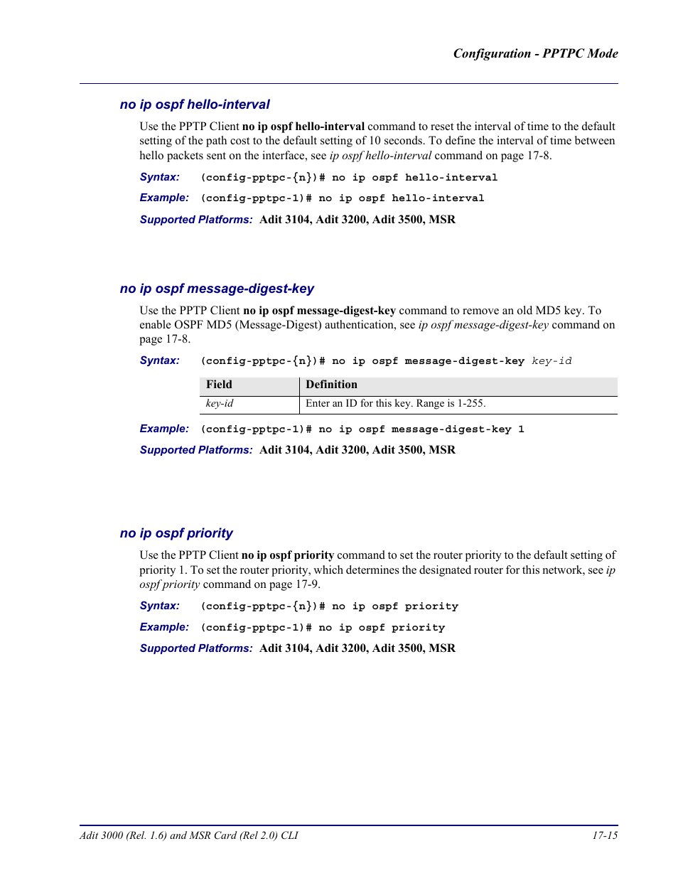 No ip ospf hello-interval, No ip ospf message-digest-key, No ip ospf priority | Carrier Access Adit 3000 Series and Multi-Service Router (MSR) Card none User Manual | Page 393 / 496