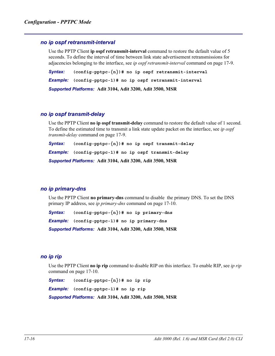 No ip ospf retransmit-interval, No ip ospf transmit-delay, No ip primary-dns | No ip rip | Carrier Access Adit 3000 Series and Multi-Service Router (MSR) Card none User Manual | Page 394 / 496