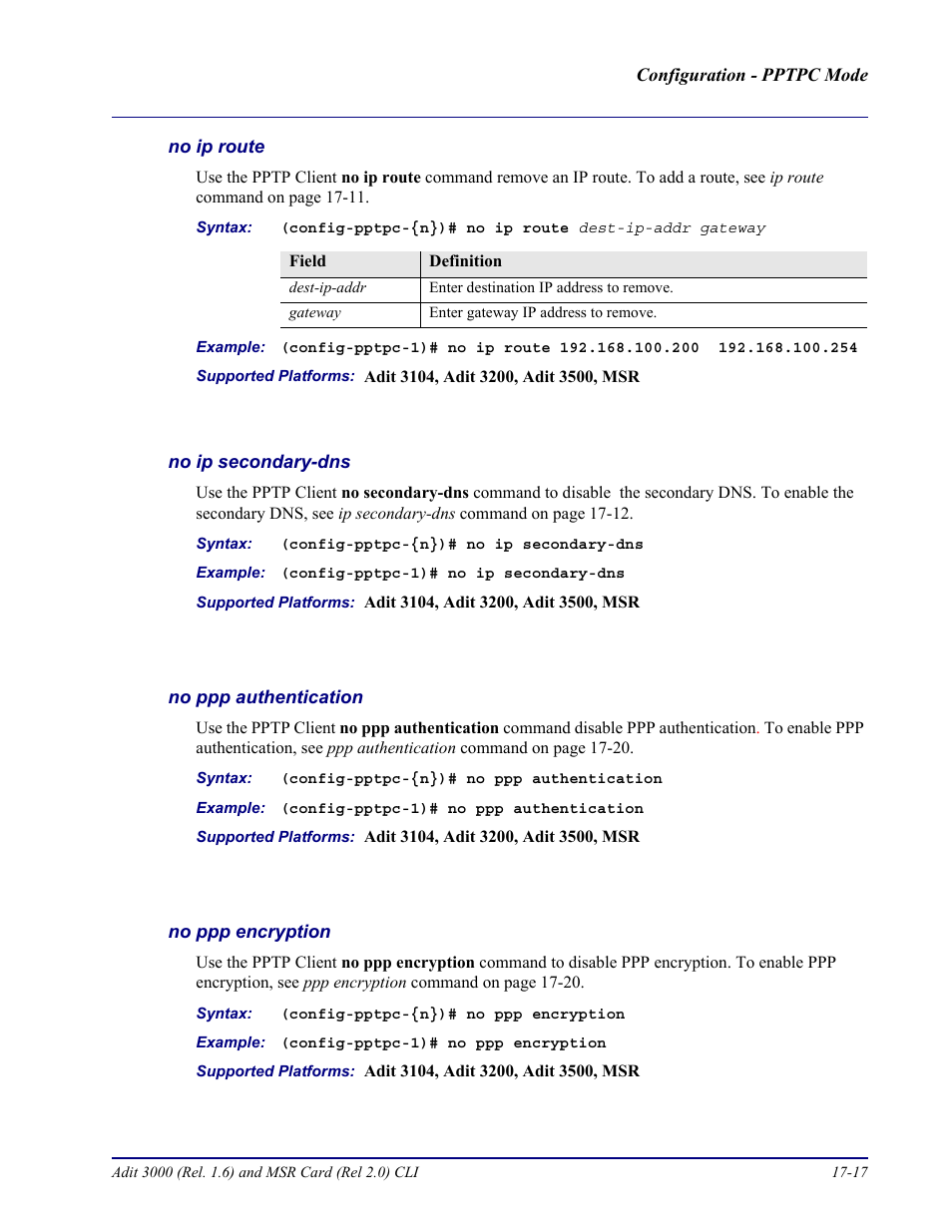 No ip route, No ip secondary-dns, No ppp authentication | No ppp encryption | Carrier Access Adit 3000 Series and Multi-Service Router (MSR) Card none User Manual | Page 395 / 496