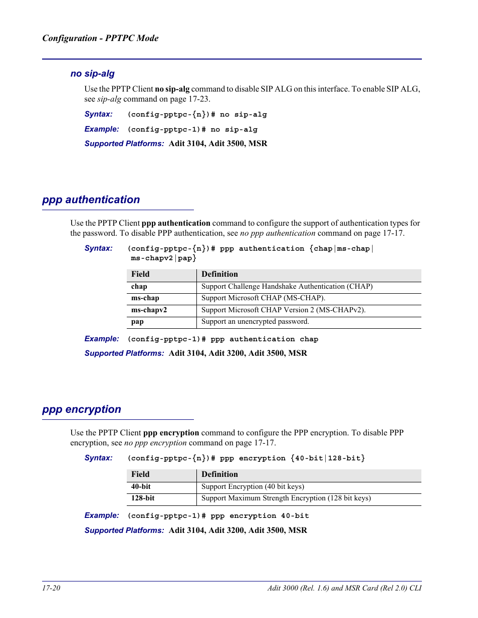 No sip-alg, Ppp authentication, Ppp encryption | Ppp authentication -20 ppp encryption -20 | Carrier Access Adit 3000 Series and Multi-Service Router (MSR) Card none User Manual | Page 398 / 496