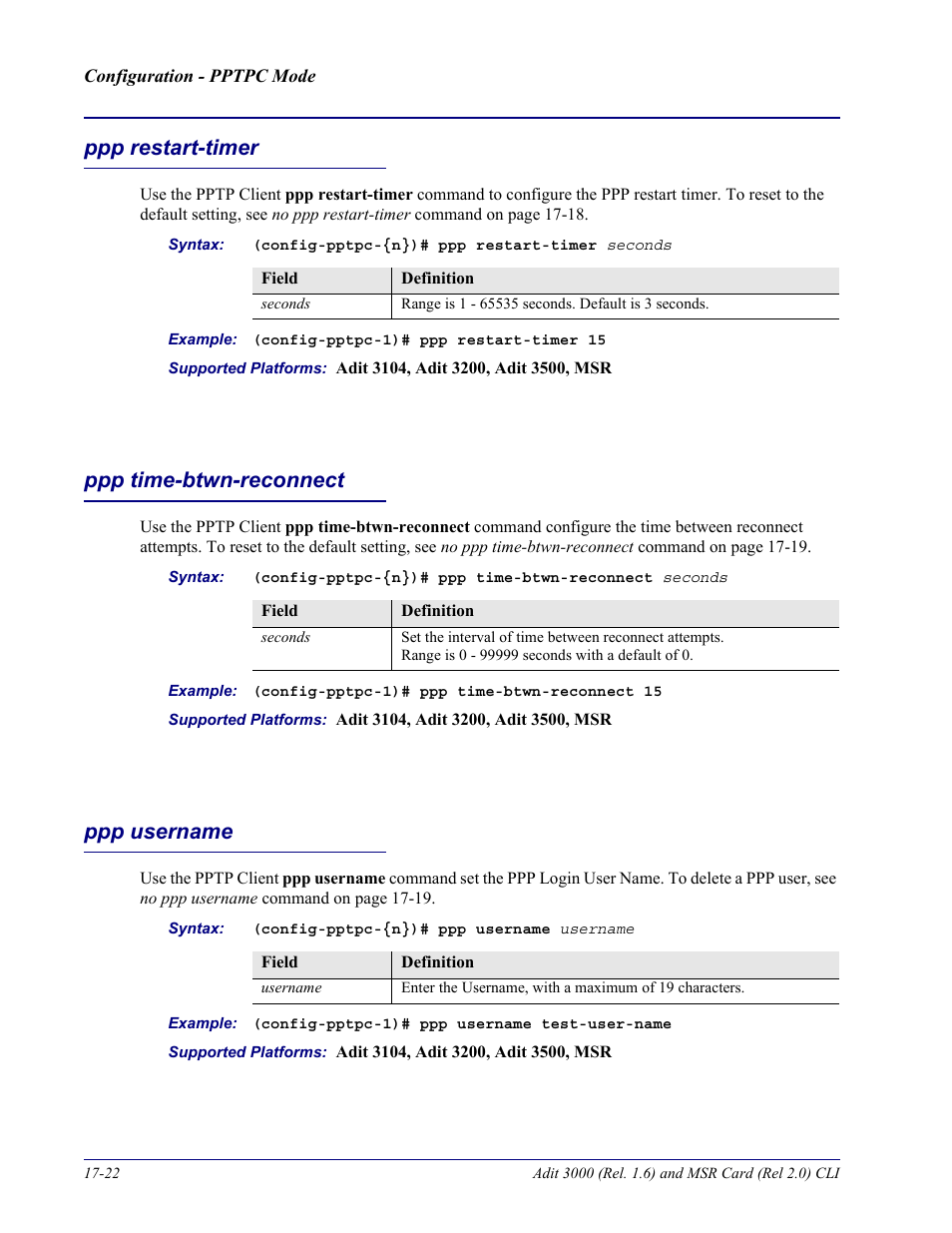 Ppp restart-timer, Ppp time-btwn-reconnect, Ppp username | Carrier Access Adit 3000 Series and Multi-Service Router (MSR) Card none User Manual | Page 400 / 496
