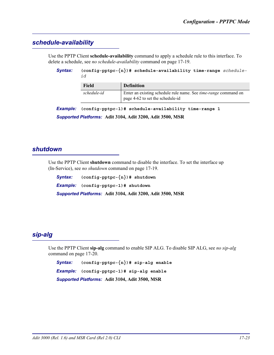Schedule-availability, Shutdown, Sip-alg | Schedule-availability -23 shutdown -23 sip-alg -23 | Carrier Access Adit 3000 Series and Multi-Service Router (MSR) Card none User Manual | Page 401 / 496