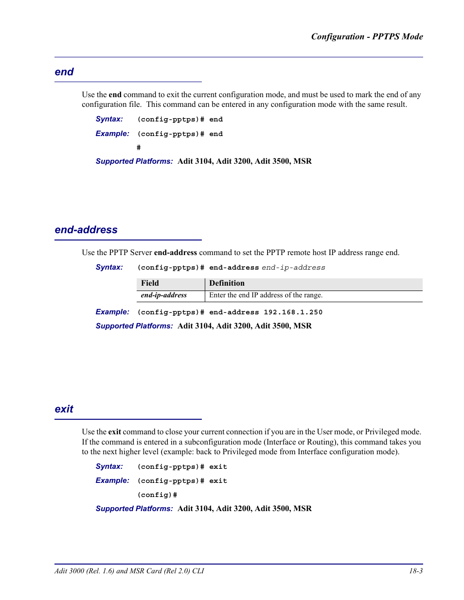 End-address, Exit, End -3 end-address -3 exit -3 | Carrier Access Adit 3000 Series and Multi-Service Router (MSR) Card none User Manual | Page 405 / 496