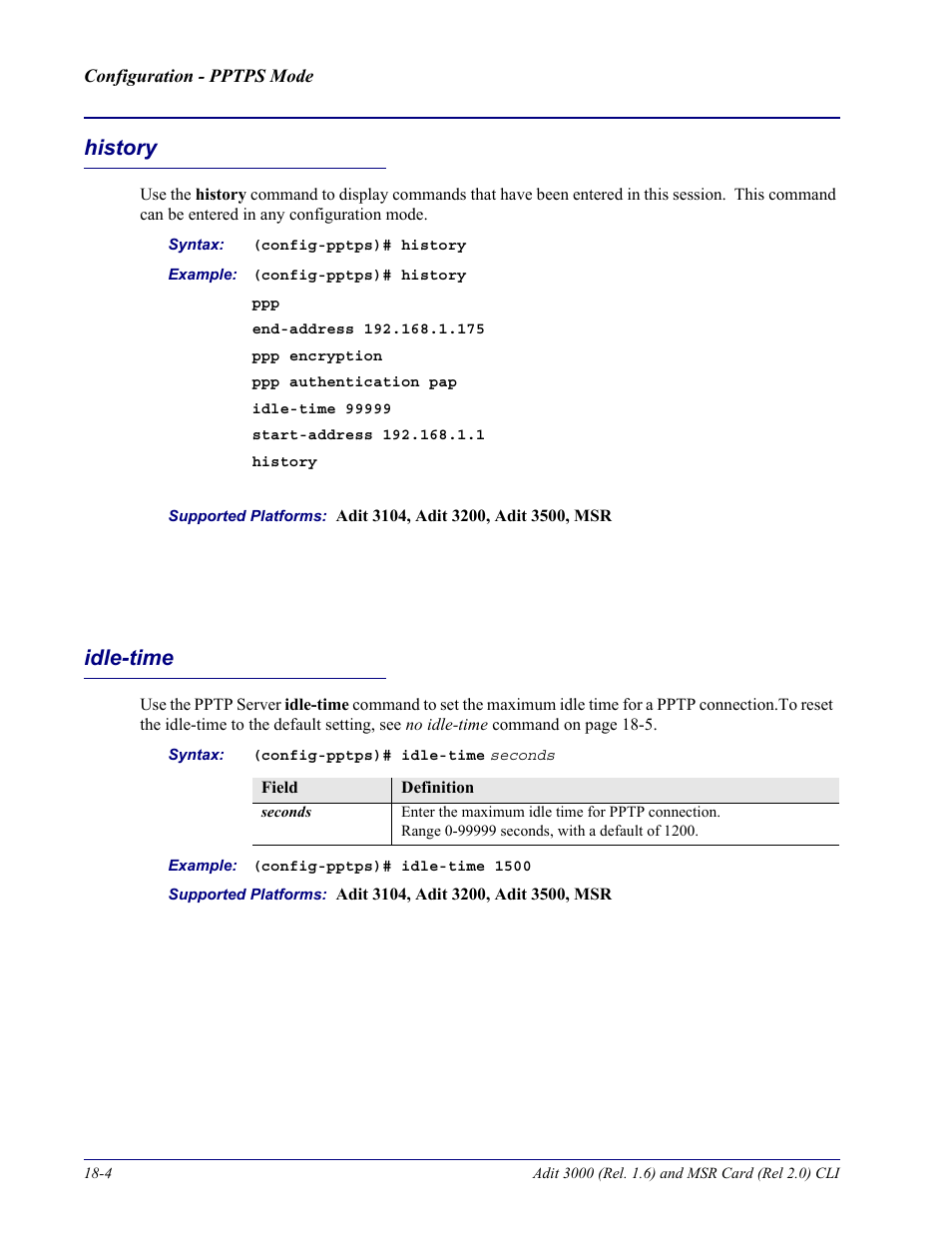 History, Idle-time, History -4 idle-time -4 | Carrier Access Adit 3000 Series and Multi-Service Router (MSR) Card none User Manual | Page 406 / 496
