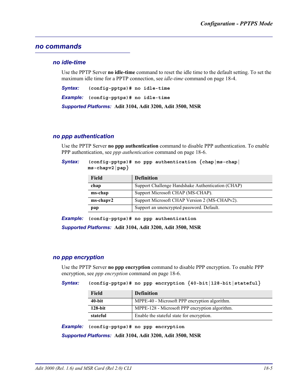 No commands, No idle-time, No ppp authentication | No ppp encryption, No commands -5 | Carrier Access Adit 3000 Series and Multi-Service Router (MSR) Card none User Manual | Page 407 / 496