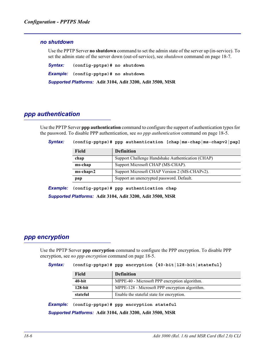 No shutdown, Ppp authentication, Ppp encryption | Ppp authentication -6 ppp encryption -6 | Carrier Access Adit 3000 Series and Multi-Service Router (MSR) Card none User Manual | Page 408 / 496