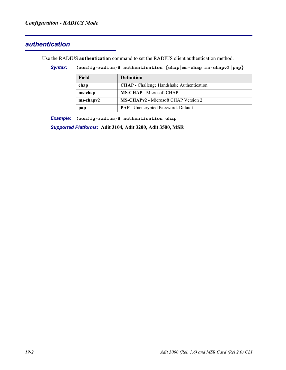 Authentication, Authentication -2 | Carrier Access Adit 3000 Series and Multi-Service Router (MSR) Card none User Manual | Page 412 / 496