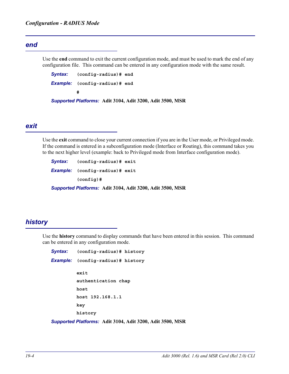 Exit, History, End -4 exit -4 history -4 | Carrier Access Adit 3000 Series and Multi-Service Router (MSR) Card none User Manual | Page 414 / 496