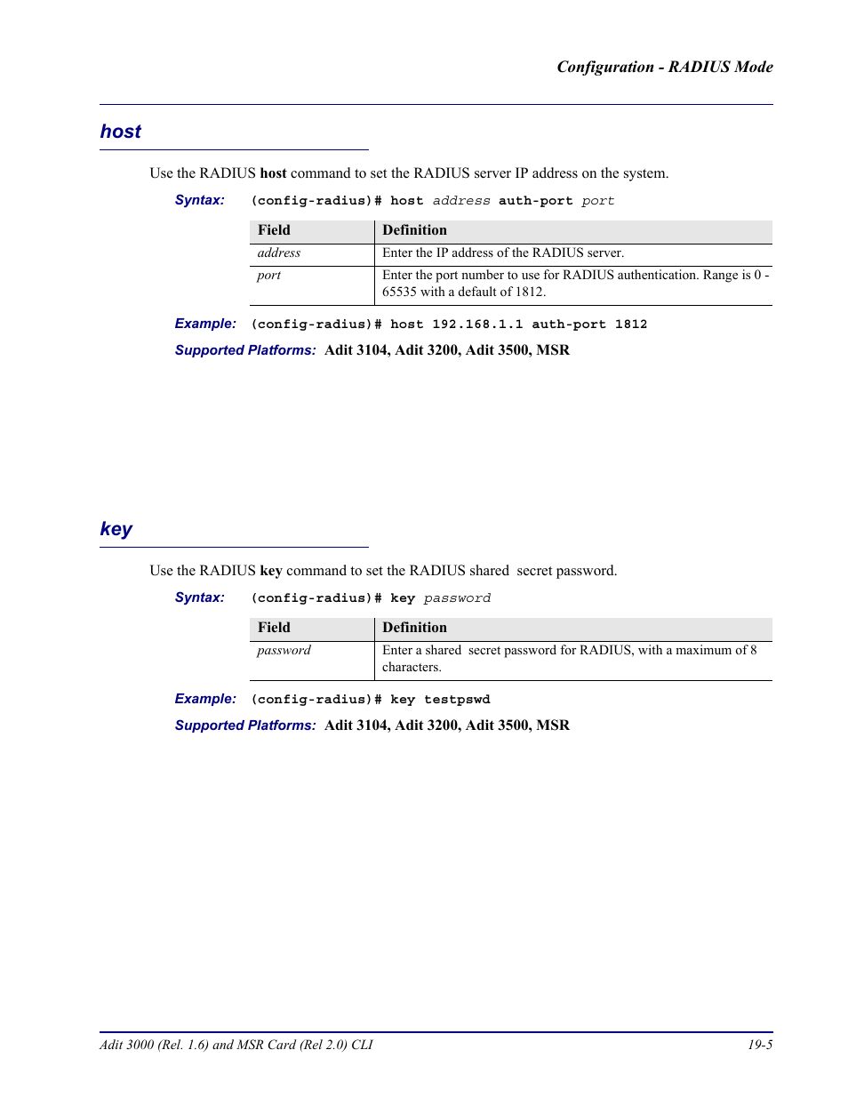 Host, Host -5 key -5 | Carrier Access Adit 3000 Series and Multi-Service Router (MSR) Card none User Manual | Page 415 / 496
