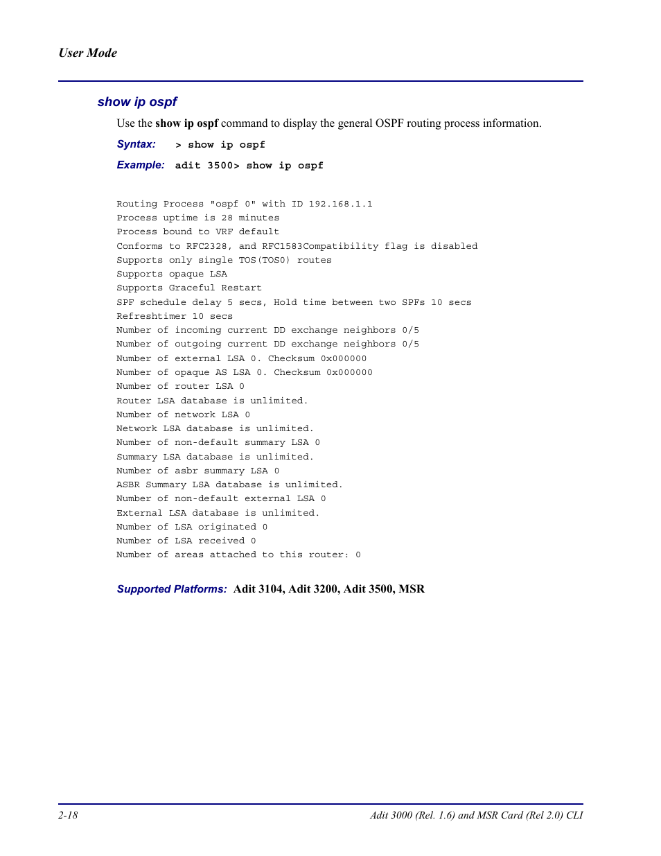Show ip ospf | Carrier Access Adit 3000 Series and Multi-Service Router (MSR) Card none User Manual | Page 42 / 496