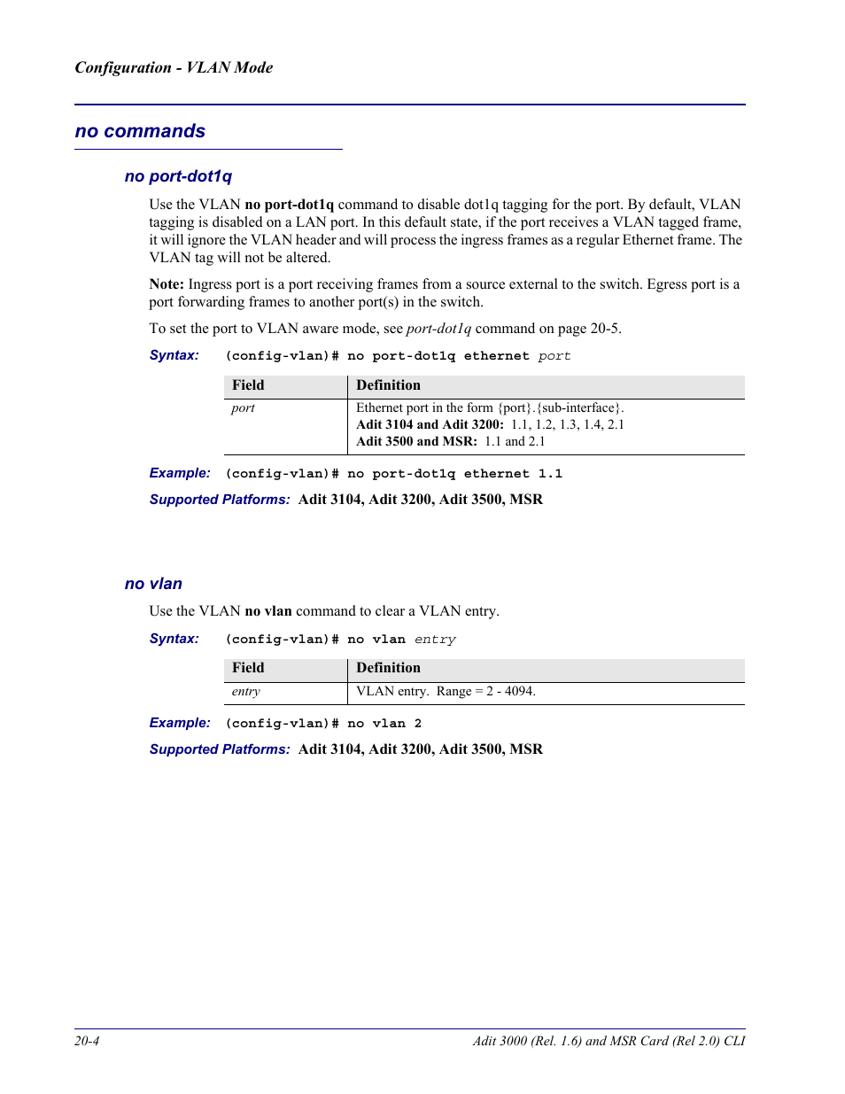 No commands, No port-dot1q, No vlan | No commands -4 | Carrier Access Adit 3000 Series and Multi-Service Router (MSR) Card none User Manual | Page 420 / 496