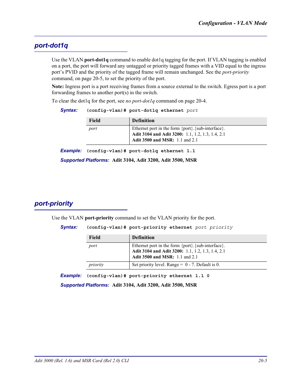 Port-dot1q, Port-priority, Port-dot1q -5 port-priority -5 | Carrier Access Adit 3000 Series and Multi-Service Router (MSR) Card none User Manual | Page 421 / 496